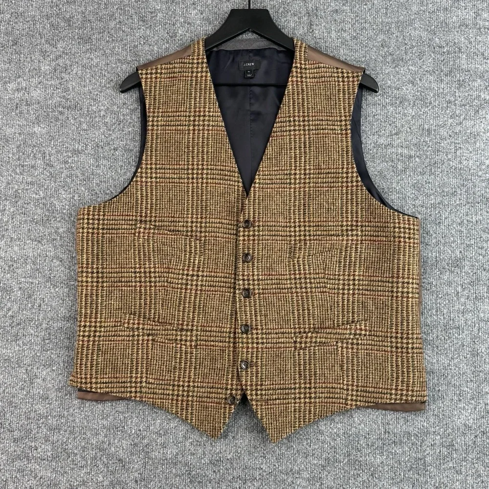 J. Crew Tweed Vest Men's XL Brown Houndstooth Moon British Quality 4 Pocket